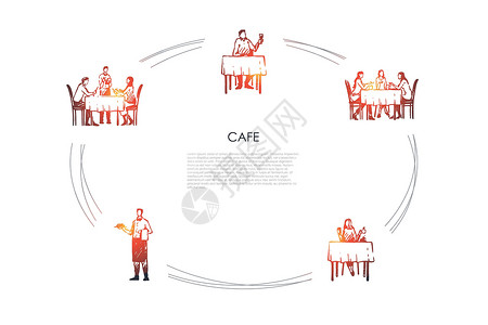 餐厅客人咖啡馆  人们在餐厅吃晚饭 服务员收到订单矢量概念 se午餐民众菜单客户工作咖啡店厨师插图草图酒厂插画