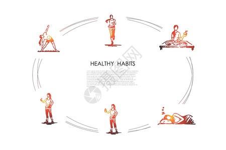 健康的习惯跑步吃健康的食物睡得好做健身和锻炼矢量概念 se草图插图水果刻字睡眠运动减肥操练蔬菜重量插画