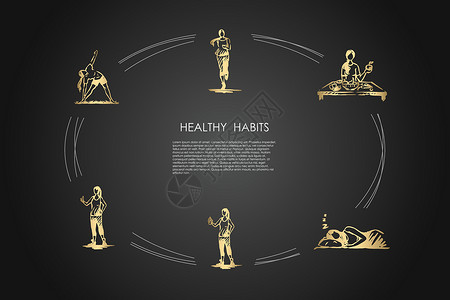 健康的习惯跑步吃健康的食物睡得好做健身和锻炼矢量概念 se水果控制草图女士刻字火车身体蔬菜操练营养插画