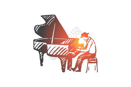 少儿成人钢琴音乐家爵士钢琴表演音乐概念 手绘孤立的矢量声学玩家草图插图闲暇乐趣海报艺术成人男人设计图片