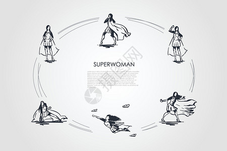 女超人穿着超人服装和高跟鞋的女人挣扎着展示她的力量矢量概念 se姿势飞行脚跟帮助导演商业活力斗争女士女性设计图片