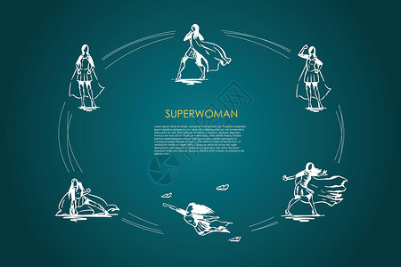 女超人穿着超人服装和高跟鞋的女人挣扎着展示她的力量矢量概念 se女士脚跟姿势飞行女性女孩团体草图帮助斗争设计图片