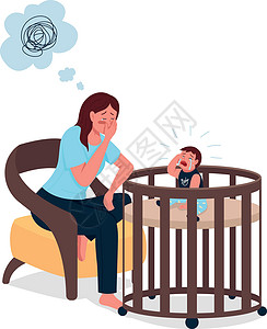带婴儿床边框疲惫的母亲带着哭泣的婴儿平面颜色矢量详细特征插画