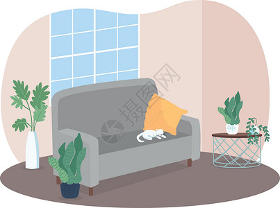 沙发灰色带灰色沙发的客厅 2D 矢量插画