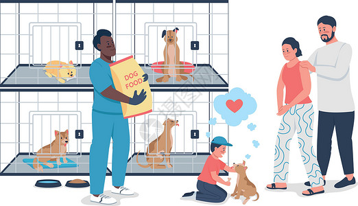 庇护所从救援避难所收养狗的家庭平面彩色矢量详细特征插画