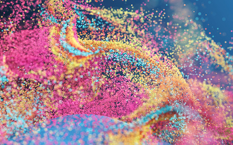 具有蓝色背景的彩色粒子3d 渲染奢华创造力珍珠粮食灰尘技术珠子粉色魔法辉光图片