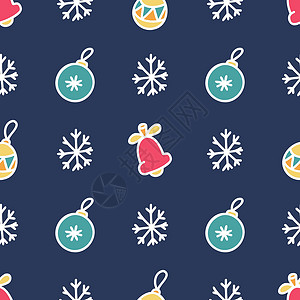 圣诞树玩具和雪花在深蓝色背景矢量平面圣诞图片上的无缝图案背景图片