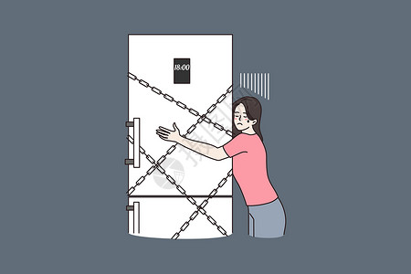 女人拥抱用链条锁住的冰箱过夜插画