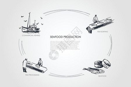 海洋养殖船海鲜生产商业加工矢量概念 se血管美食刻字物流插图草图店铺市场农业职业插画