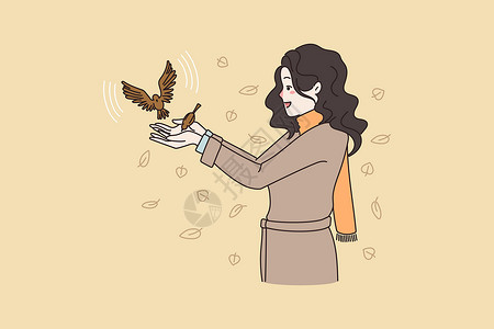 博物学家快乐的女人在户外喂鸟玩插画