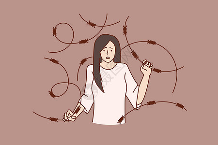 观察昆虫的女孩抑郁涂鸦中不快乐的女人患有神经紊乱设计图片