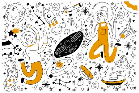 太空涂鸦系列涂鸦手绘插图天空收藏流星车站月亮天文学行星背景图片