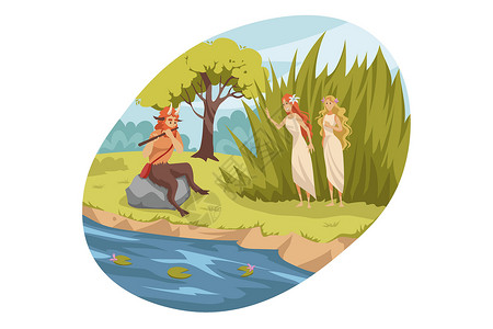 喇叭河神话希腊奥林匹斯山传说宗教概念绘画上帝动物群石头池塘古董生物女性套房插图插画