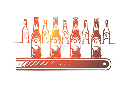 啤酒车间酒精厂贮藏啤酒制造过程装瓶车间带标签的传送带上的啤酒瓶成品插画