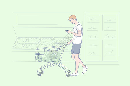 超市购物男人男性商品男士超市购物杂货店分类产品选择概念插画
