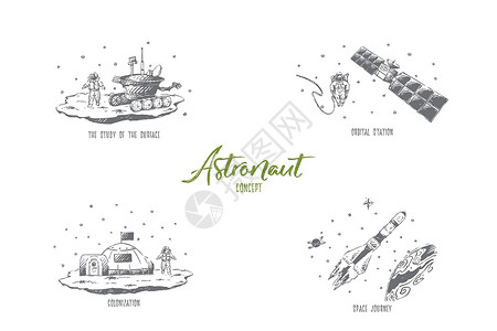 宇航员表面轨道站太空旅行殖民化矢量概念se研究地球星系勘探技术天文学冒险飞船草图火箭插图设计图片