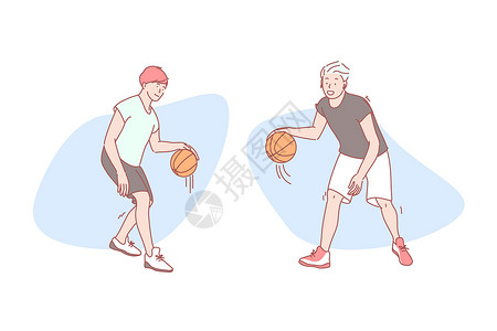 打篮球的两个人伙计们打篮球设置概念插画