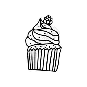 一手拉涂鸦纸杯蛋糕的矢量插图 卡片标志海报等设计烹饪糖果覆盆子白色徽章黑色标识烘烤手绘食物背景图片