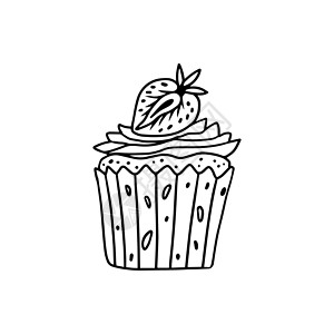 一手拉涂鸦纸杯蛋糕的矢量插图 卡片标志海报等设计森林烹饪烘烤黑色黑板蚀刻覆盆子糖果食物面包背景图片