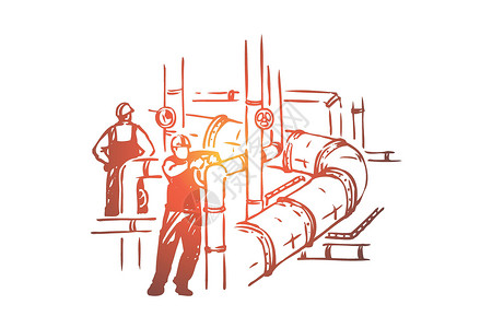 管道工人从事管道安全检查工作的男子戴安全帽维护业务石油精炼厂插画