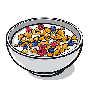 牛奶上的蓝莓谷物和米尔小吃覆盆子浆果早餐粮食玉米片水果营养食物薄片插画
