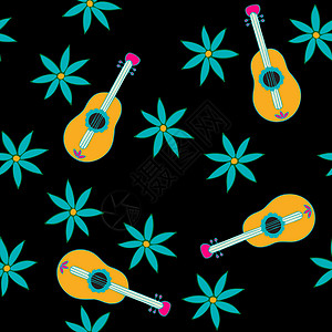 吉他花纹素材无缝花纹 简单的彩色背景与花和吉他手绘涂鸦包装剪贴簿织物植物蓝色墙纸树叶礼品背景