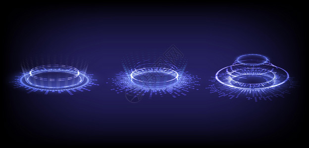 激光投影仪发光的 HUD 元素界面中的科幻数字高科技集合 科学未来技术的全息图门户 奇幻游戏中的魔法传送门 声波与音乐辐射传送台插画