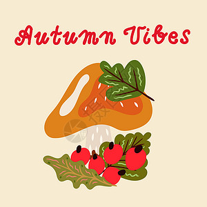 暖色调的秋季元素与蘑菇 秋季的矢量设计涂鸦庆典感恩卡片横幅蔬菜浆果南瓜插图卡通片背景图片
