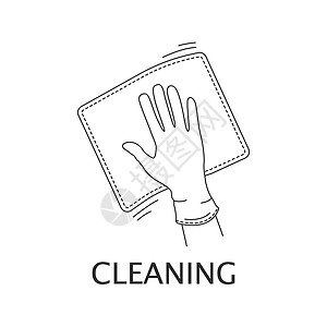 戴着手套的手一只戴着橡胶手套的手用抹布擦拭表面 清洁消毒剂 白色背景上的线性样式 图标日志插画