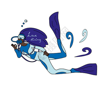 泼水的蓝色一位戴着面罩和脚蹼的非洲女潜水员身着蓝色西装 展示了 Okay 标志 刻字爱潜水插画