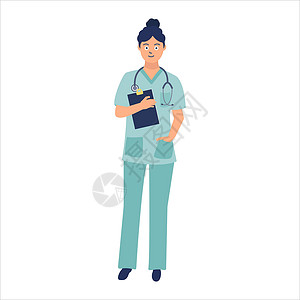 护士全身微笑的女医生穿着全身医疗制服 脖子上挂着听诊器 手里拿着一块平板电脑 白色背景上平面样式的卡通矢量插图插画