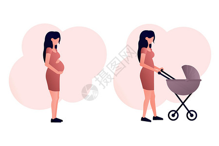 正在走路的女人一组两幅图像 一个怀孕的女孩抱着她的肚子 一个年轻的母亲推着婴儿车走路 以母性为主题的图标 在白色背景上带有渐变的矢量平面插图设计图片