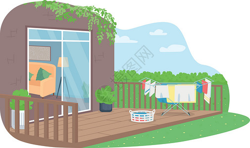 阳台洗衣柜在后院烘干衣物 2D 矢量插画