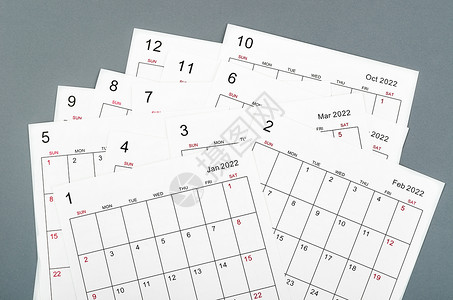 许多空白的每月2022年日历单日记床单桌子日程桌面商业规划师办公室英语网格背景图片