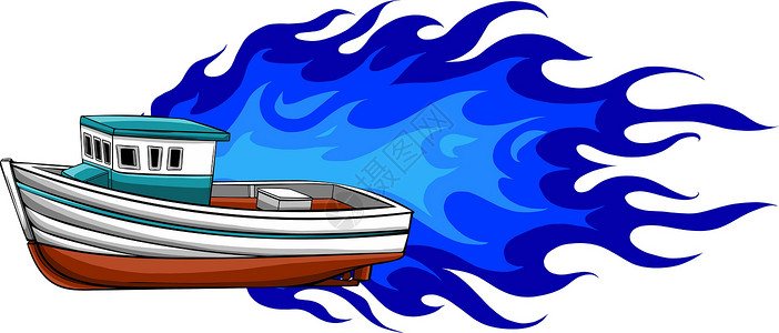 航道矢量商业渔船边有火焰插画