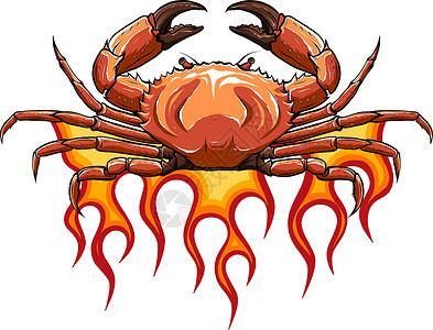 可爱大螃蟹矢量愤怒的螃蟹用爪子在火焰上插画