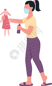 导师带徒带消毒器平面彩色矢量不露面特征的妇女喷洒玩具插画