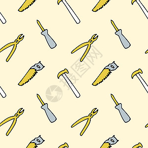手绘锯鳐黄色背景上带有修复工具的无缝图案螺丝刀钳锯锤可调扳手插画
