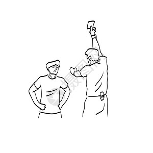 线条艺术裁判向在白色背景上隔离的球员插图矢量显示红牌插画