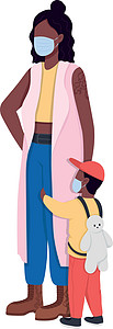 中年母亲非洲裔美国母子戴着面具平面彩色矢量不露面人物插画