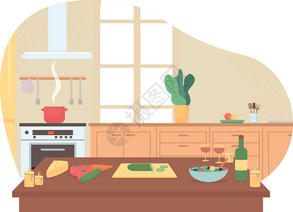 食谱卡在家庭厨房准备浪漫晚餐 2D 矢量插画