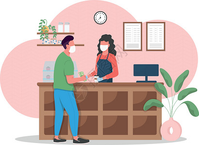 男性顾客咖啡店里戴面具的男人和女人平面颜色矢量不露面的特征插画