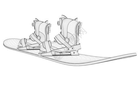 鞋山滑雪板线框与靴子的滑雪板从孤立的白色背景上的黑色线条  3D 它制作图案矢量闲暇季节滑雪速度单板网络行动假期活动横幅插画