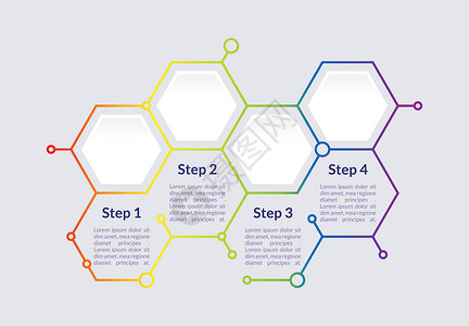 六边形空丰富多彩的信息图表设计模板 通讯信息 带有空白复制空间的抽象矢量信息图 具有 4 个步骤序列的教学图形 可视化数据呈现插画