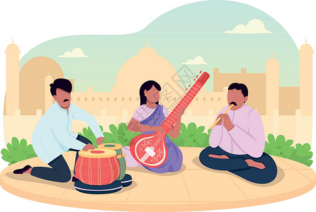 伯牙鼓琴印度传统音乐 2D 矢量插画