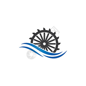 水车轮水磨坊标志矢量图标概念它制作图案液体车轮海浪标识涡轮谷仓风车植物蓝色转子插画