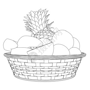 篮子里草莓从孤立的白色背景上的黑色线条水果篮的轮廓 在篮子里的香蕉苹果菠萝 它制作图案矢量水果收藏绘画涂鸦物品收成生产农场团体草图设计图片