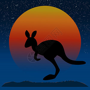 澳大利亚果园在日落背景的袋鼠剪影 澳大利亚的日落 星空和小袋鼠形象设计图片