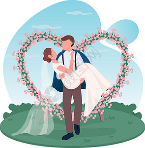 网络婚礼素材新婚夫妇 2D 矢量插画