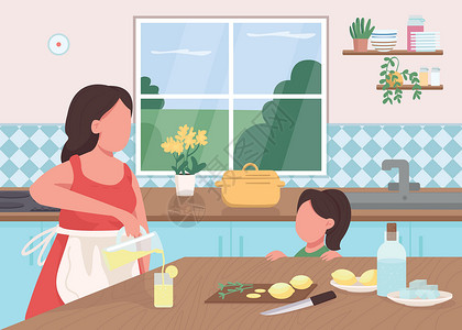 孩子在厨房在家里做柠檬水平面颜色矢量它制作图案插画